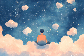 A dreamy and introspective illustration of a person sitting under a starry sky, their thoughts floating like soft clouds, symbolizing presence and peaceful reflection.