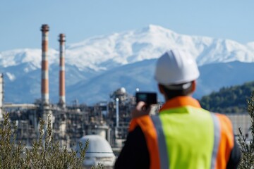 Environmental Engineer Measuring Pollution At Industrial Facility Against Snow-Capped Mountains