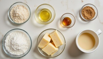 Assorted Baking Ingredients in Glass Bowls for Cooking and Baking Preparation