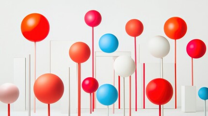 Colorful abstract arrangement of spheres and rods on a minimalist background, creating a playful atmosphere