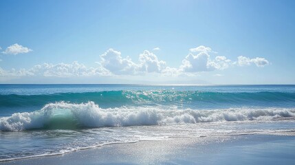 Fototapeta premium A tropical seascape with bright blue water stretching to the horizon, warm light reflecting on the waves.