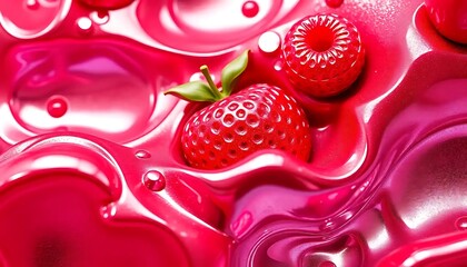 Fresh strawberries and a raspberry submerged in red sweet syrup