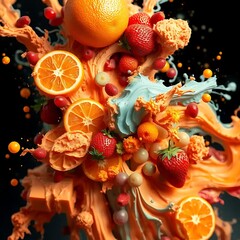 A vibrant stylized image of oranges and strawberries