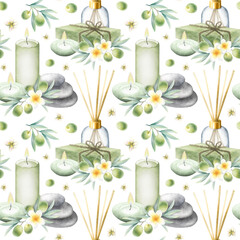 Olive soap aleppo, candles, aroma diffuser, stack pebbles, frangipani flowers and olive branches. Hand drawn watercolor isolated seamless pattern for packaging, textile, fabric and spa salon design.
