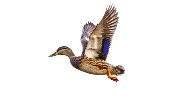 Mallard duck in flight over a bright background