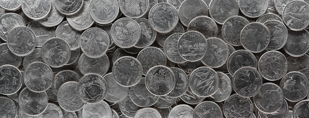US  quarter dollar coins, State quarters, 4 x actual size. Large panorama, close up of  25 cent...