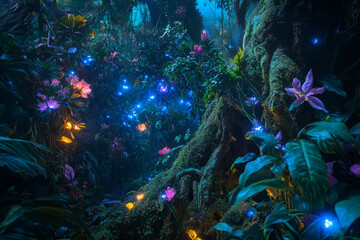 A dense jungle with towering trees covered in moss, vibrant tropical flowers, and vines draping over glowing bioluminescent plants.