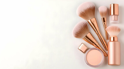 Rose gold makeup brushes and cosmetics on white. Lifestyle flatlay