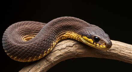 Fototapeta premium Elegant Brown Snake Coiled on a Branch with Subtle Yellow Markings