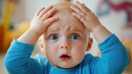 Confused baby in a bright room