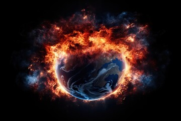 Abstract cosmic blue and orange energy sphere with flame effect in dark space. Burning planet digital art concept. Mystical universe illustration with fire ring and galaxies