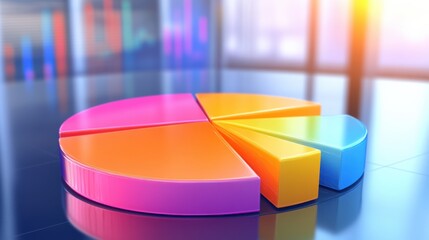Fototapeta premium Colorful pie chart on a reflective surface with a modern office background and soft lighting