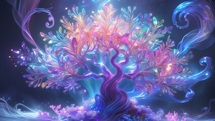 Obraz premium A twisted, gnarled tree with vibrant, colorful leaves, reminiscent of coral reefs