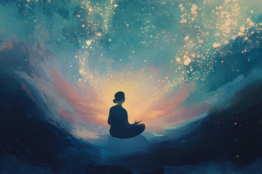 An illustration of a person sitting in a peaceful environment, breathing deeply with a soft glowing aura around them, symbolizing the power of mindfulness to reduce stress and anxiety.