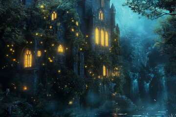 Naklejka premium A highly detailed fantasy illustration of an ancient, overgrown castle hidden deep within an enchanted forest, with glowing vines climbing the walls.
