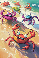 Image of A colorful, fun illustration of a group of friendly crabs walking along a beach, their shells in various bright hues, each crab looking cheerful and quirky. printed on Printed Glass Splashbacks