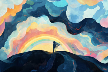 A detailed illustration of a person emerging from a storm, with a rainbow and clear skies ahead, signifying the resilience to face and rise above personal challenges.