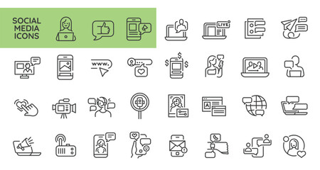 Social media icons. Set of 30 social media minimalist icons. Megaphone, like, user profile, smartphone, video, chat icon. Design signs for web page, mobile app, digital marketing. Vector illustration