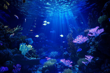 Fototapeta premium A surreal coral reef with bioluminescent plants, glowing fish swimming through an electric blue underwater world.