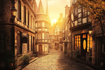 Fototapeta premium A vintage inspired travel poster featuring a picturesque European cityscape, with detailed old buildings, cobblestone streets, and warm golden lighting.