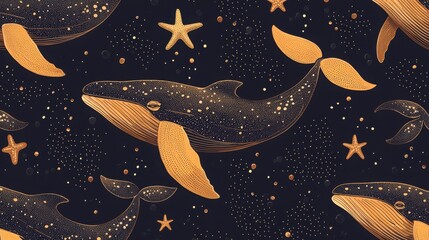 Celestial whales swim across a dark blue, starry night. Gold accents add a touch of luxury to this cosmic underwater scene.