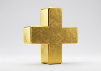 Obraz premium Shiny Gold Plus Sign Symbol Isolated on White Background,3D Metallic Plus Icon.