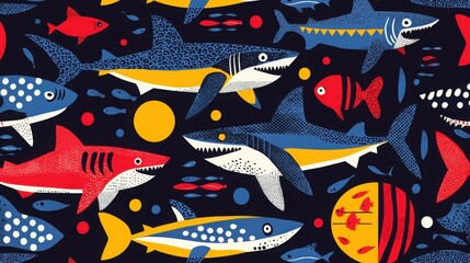 Vibrant illustration of sharks and other sea creatures swimming in a dark blue ocean.  The bold colors and playful style create a fun, energetic scene.
