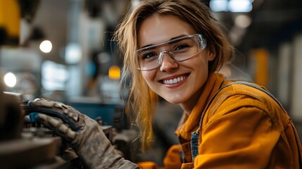Fototapeta premium Smiling factory workers with friendly AI robot assistants on the line. A realistic, detailed vision of the future—efficient, collaborative, and innovative. Ideal for industrial tech and automation.