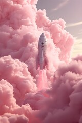 White rocket launching through dreamy pink clouds at sunset. Space exploration concept with dramatic sky view. Vertical composition with ethereal atmosphere and copy space
