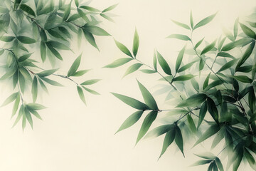 Obraz premium bamboo branches with their green leaves, depicted in a soft and delicate artistic style. 