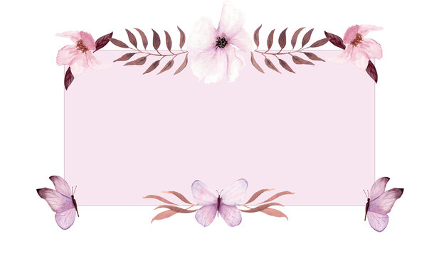 Watercolor pink tag wit flowers, butterflies and twigs, berries and butterflies on white background