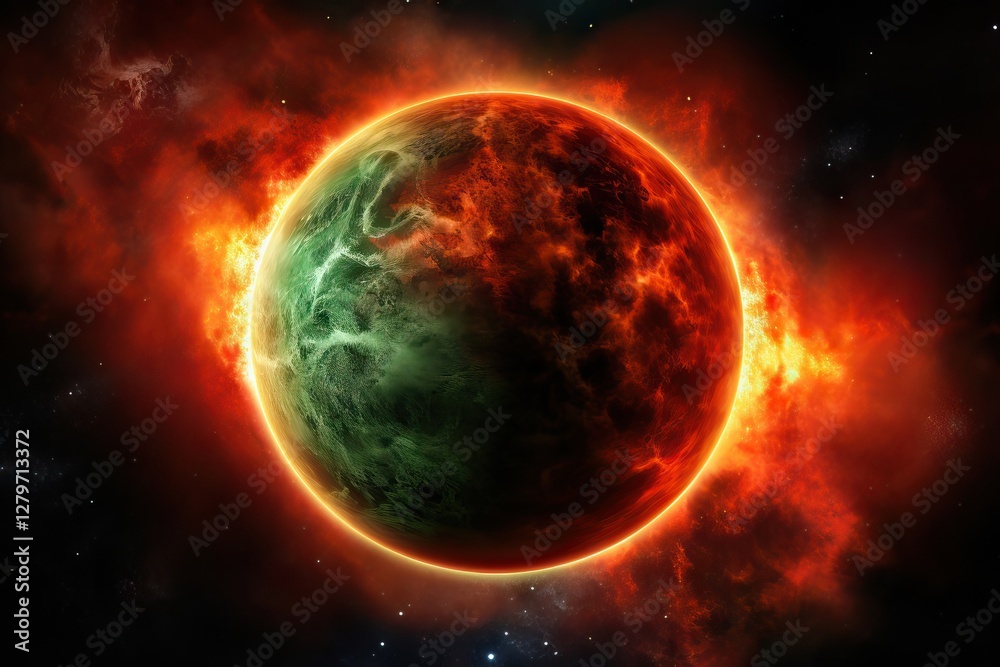 Wall mural solar eclipse in outer space with green and red nebula clouds. dramatic cosmic scene with dark plane