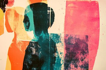 A vintage risograph zine page featuring abstract human silhouettes, rough ink textures, and high contrast color combinations.