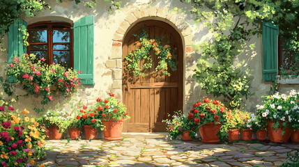 Charming Mediterranean cottage with wooden arched door, surrounded by blooming plants in terracotta pots. Green shutters, climbing vines, warm sunlight, and cobblestone pathway create cozy atmosphere 