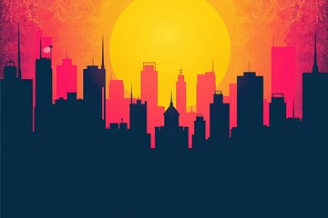 Fototapeta premium Vibrant Sunset Over a City Skyline: A Colorful Silhouette of Urban Architecture Against a Bold Orange Sun in the Background