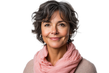 Smiling woman with short hair wearing a pink scarf