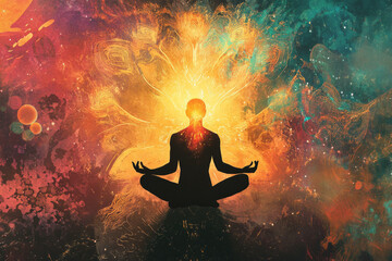 A powerful illustration of a person standing with their feet firmly planted on the ground, their body radiating light as they recite affirmations of strength and empowerment.