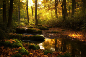 Obraz premium A tranquil forest clearing bathed in golden autumn light, where fallen leaves cover the ground and a small stream meanders through moss covered rocks.