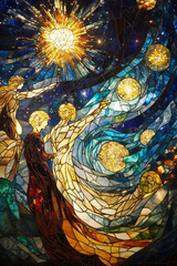 Fototapeta premium A richly detailed stained glass window depicting a breathtaking celestial scene, with swirling galaxies, shining stars, and radiant golden halos surrounding cosmic figures.