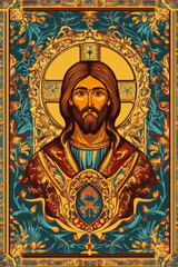 Fototapeta premium A detailed and rich religious icon illustration, featuring golden halos and intricate patterns, reminiscent of classic Byzantine art.