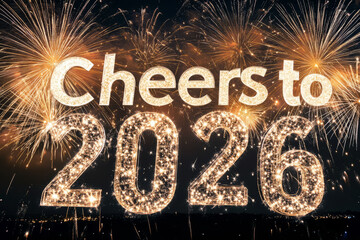 A dramatic New Year's Eve scene with midnight skies filled with sparkling fireworks, and a bold Cheers to 2026 message written in sparkling letters.