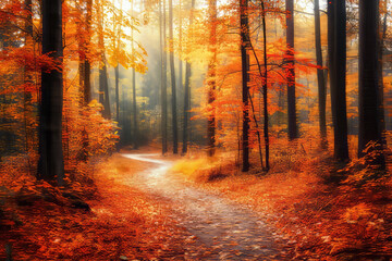 Fototapeta premium A magical autumn forest scene where vibrant orange, red, and yellow leaves cover the ground, while golden light filters through the trees. A winding path disappears into the distance, inviting