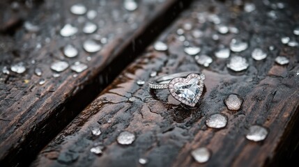 A heart-shaped engagement ring placed on a rain-soaked wooden bench