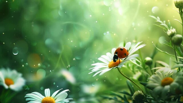 This vibrant video features a ladybug perched delicately on a blooming daisy flower, surrounded by a beautifully blurred green background, perfect for adding a touch of nature.