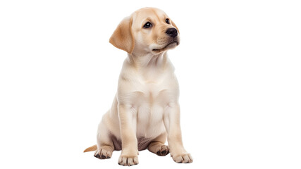 Friendly yellow lab puppy sitting calmly indoors