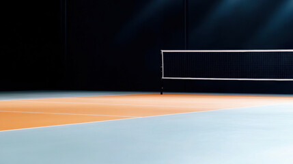 Naklejka premium Indoor Tennis Court with Net under Dramatic Lighting in Empty Sports Arena