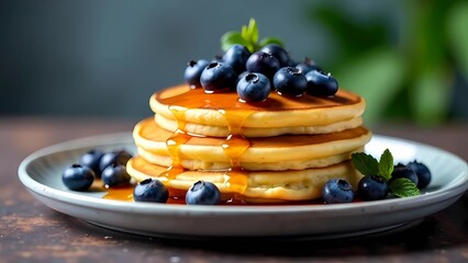 A healthy morning breakfast. Homemade pancakes with fresh blueberries, raspberries and honey. A healthy morning breakfast. Pancake Day.