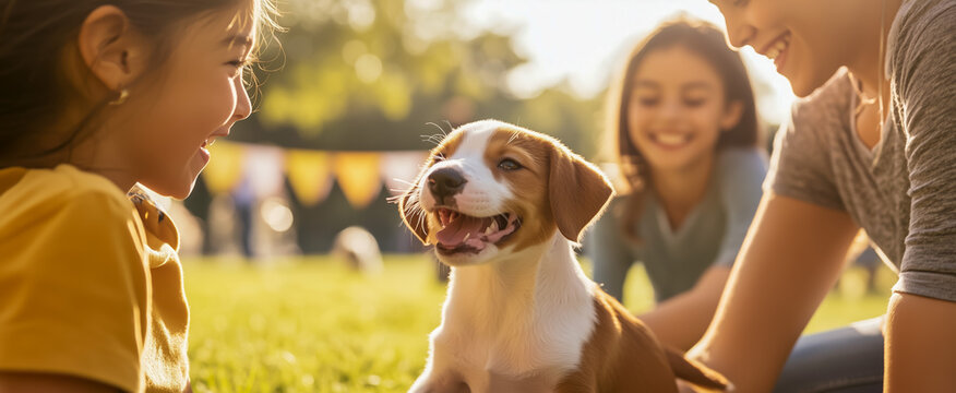 Children and dog enjoying playful moments in sunny park - Powered by Adobe