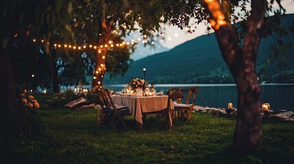 A rooftop garden with a romantic table setting under string lights for a proposal