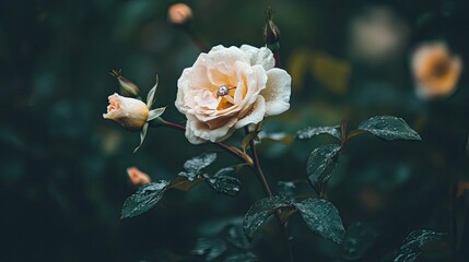 A rose gold engagement ring placed delicately on a fresh white rose